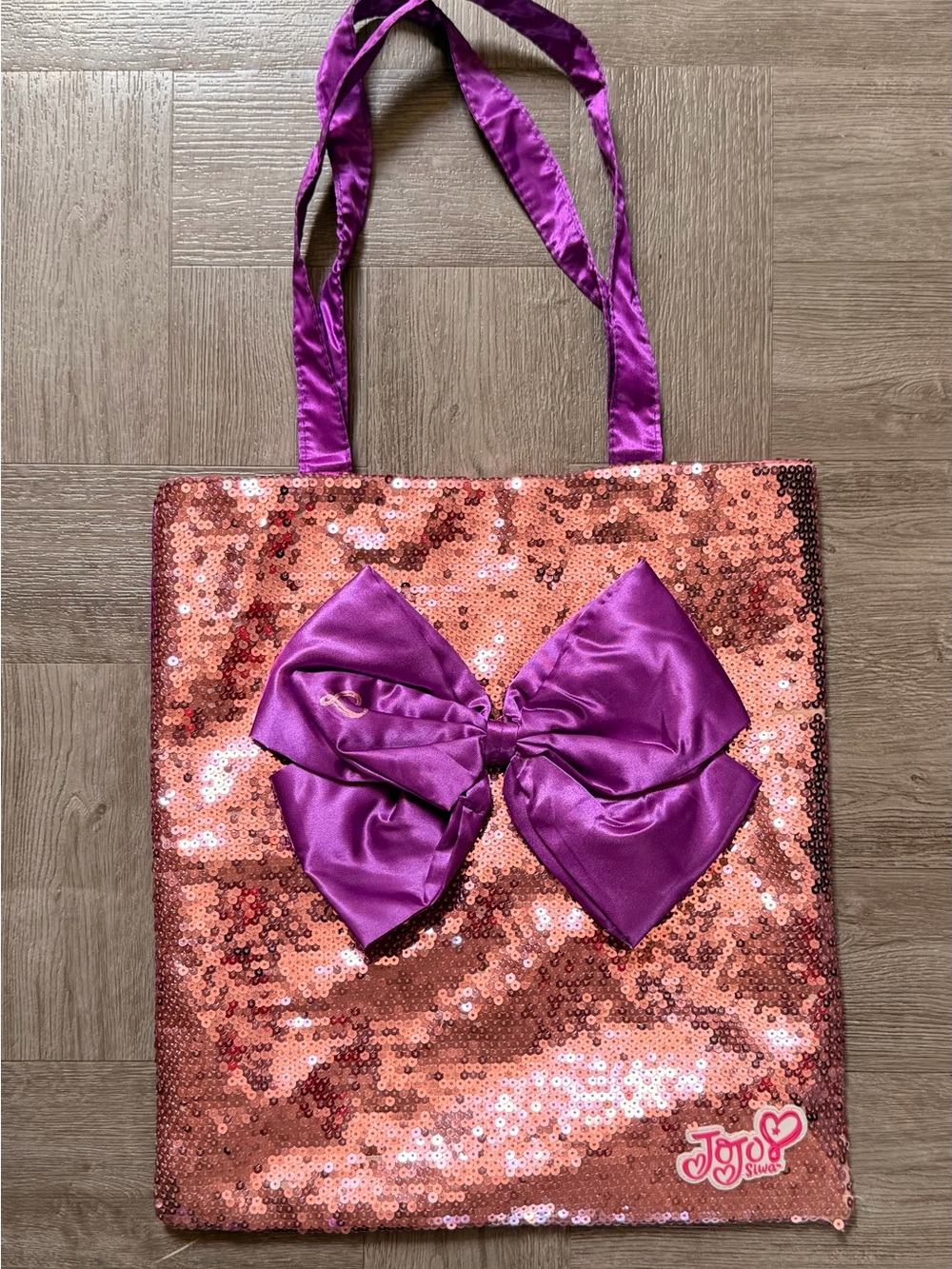 JoJo Siwa Rose Gold Sequin Tote with Purple Satin Bow and Handles